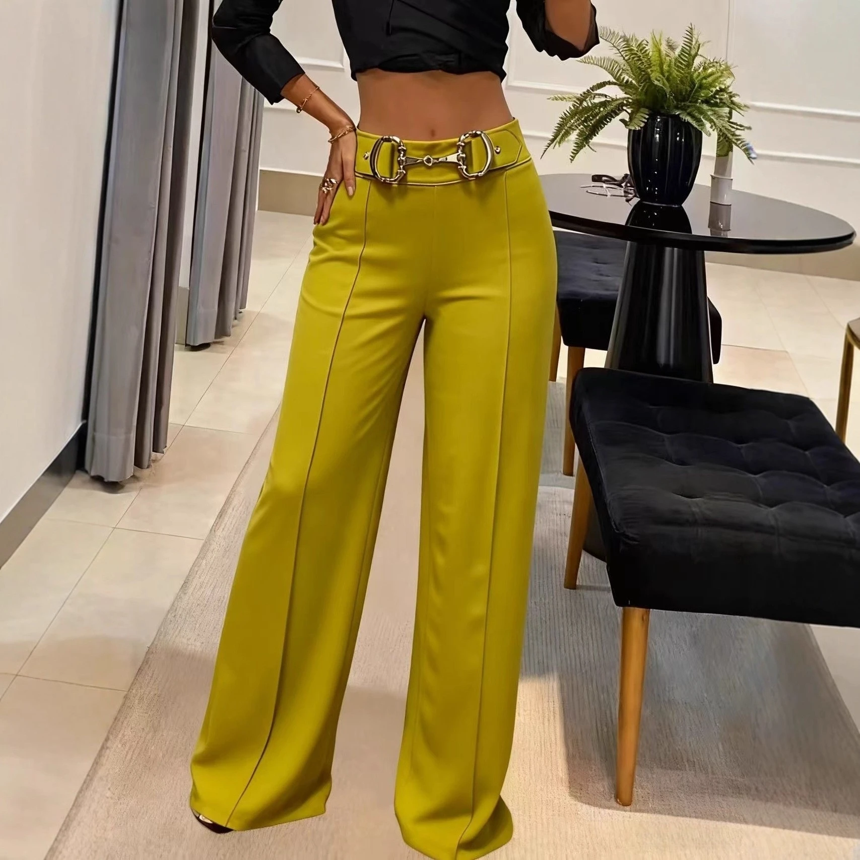 High Waist Metal Bule Wide Leg Pants Faionable Drapey Slimming Straight Leg Casual Pants for Women Commute Sle