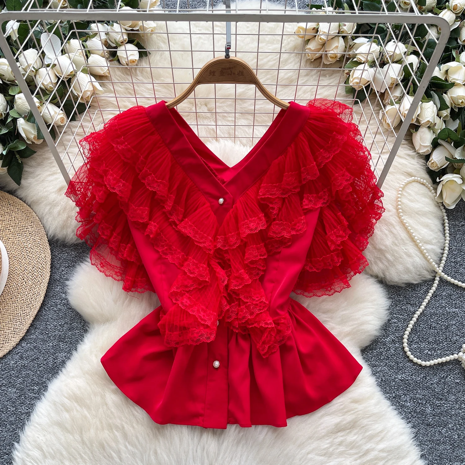 

Vintage Elegant V-neck ruffle short sleeve Blouse Fashion Shirt Casual Chic Top hotsweet Fairy Summer Women Shirt