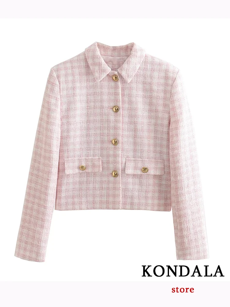 

KONDALA Office Lady Sweet Plaid Chic Blazer Single Breasted Pockets Loose Blazer New Fashion 2023 Autumn Elegant Women Jackets