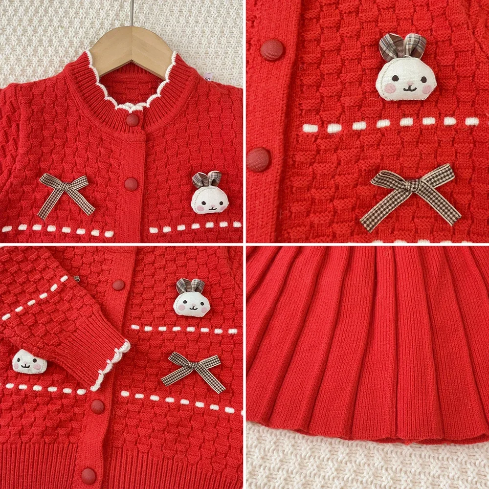 2026 Kinderkleidung Winter Rot Weihnachten Neujahr Mädchen Strickpullover Kleidung Süßer 3D-Hasen-Schleifen-Langarm-Oberteil+Kurzer Rock – Detail 17