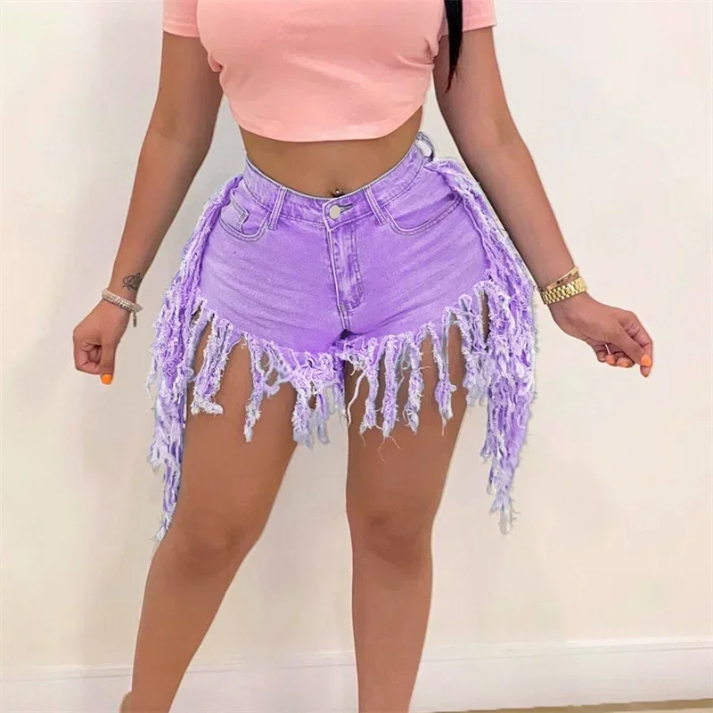 Fashion Tassel Splice Trouser Legs Denim Shorts Women High Waist Button Mini Jeans Female Casual Three Quarter Pants Streetwear