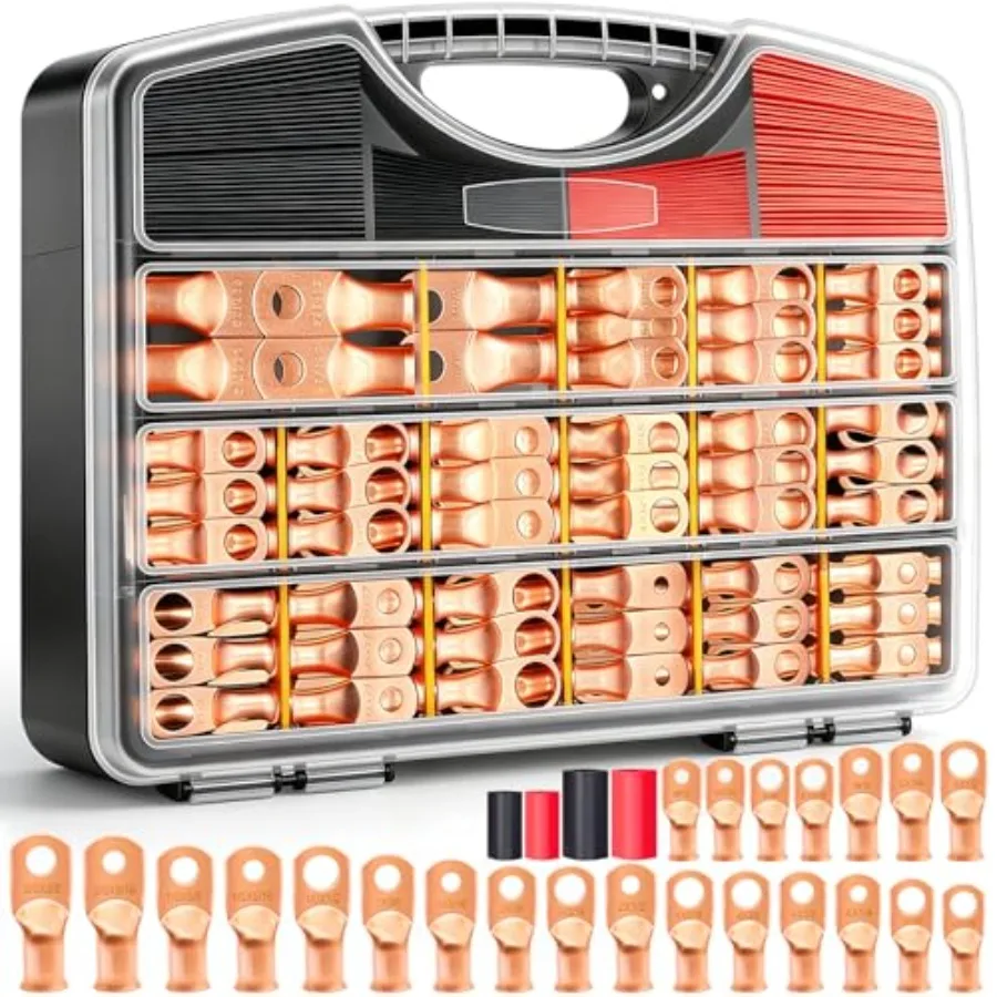 

230PCS Battery Cable Ends Kit AWG 8 6 4 2 1 1/0 2/0 Heavy Duty Copper Lugs Copper Cable Wire Lugs, Coppers Ring Terminals Conne