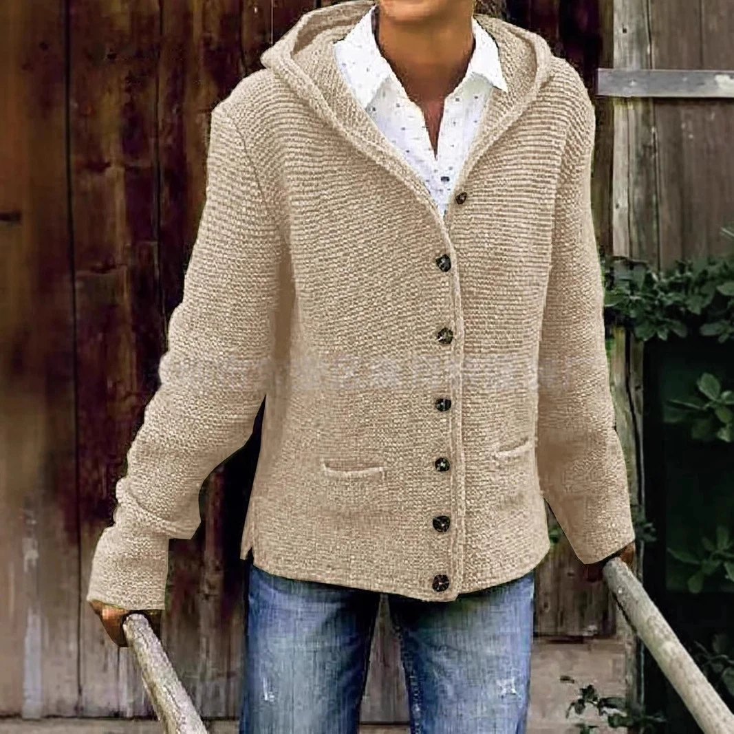 XXOWENLI Hooded Knit Cardigan Fashion Solid Color Long Sleeve Button Sweater Coat With Pockets Autumn Winter Warm Knitted Jacket 5
