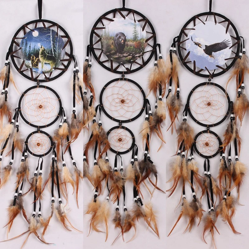 Wolf Head Oil Painting Dream Catcher Home Wall Decoration Wall Hanging Natural Feather Pendant Big Dream Catcher Festival Layout