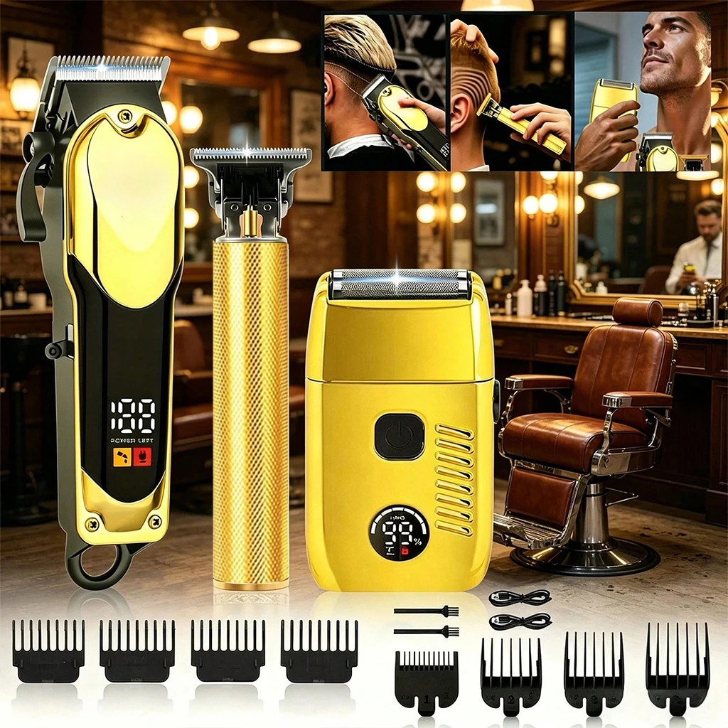 3-in-1 Electric Hair Clipper Set for Men – USB Rechargeable with LED Display, 8 Guide Combs, Foil Shaver & Trimmer, Professional Grooming Kit for Beard, Head & Body