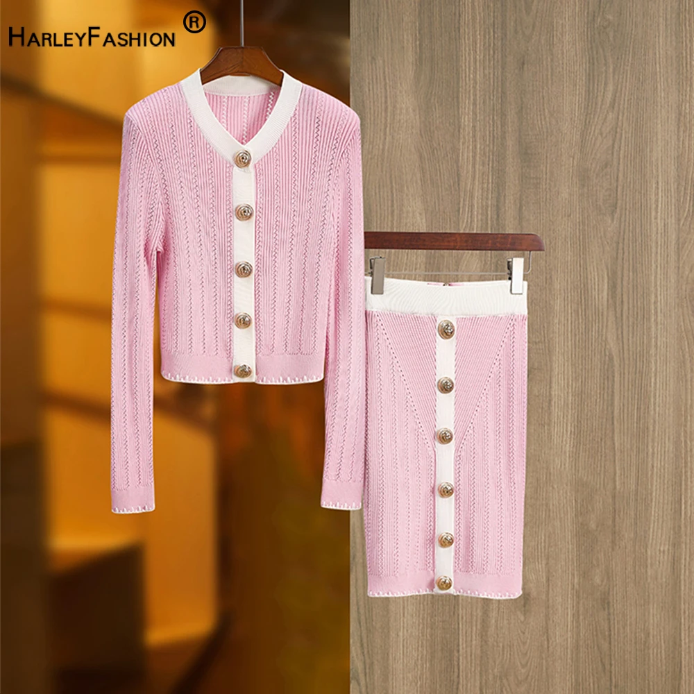 

So Beautiful Spring Sweet Design Baby Pink Knitting 2PCS Sets Quality Sweater and Sheath Skirt Luxury Women Twin Sets