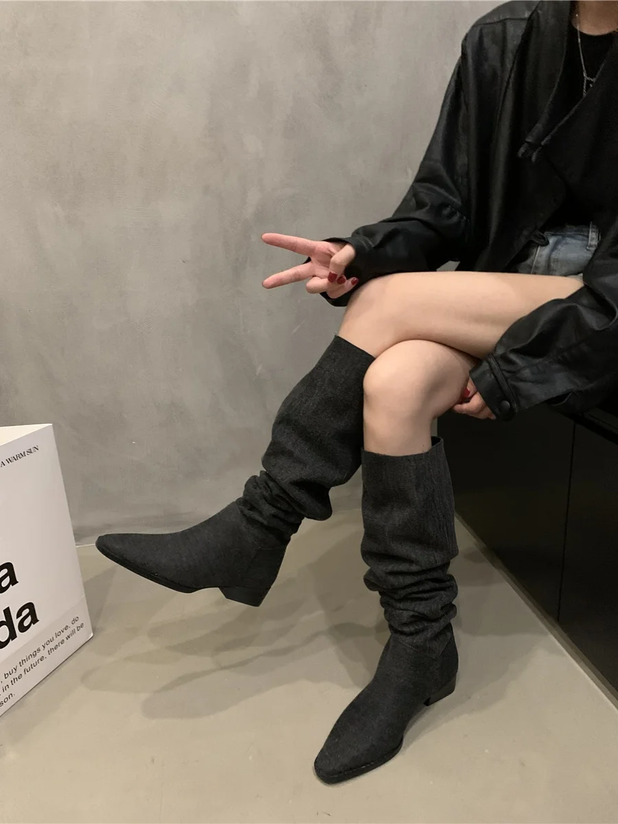 Women\'s Cowboy Boots Shoes Sexy Thigh High Heels High Sexy Winter Footwear Round Toe Denim Ladies Over-the-Knee Autumn 2023 Rub