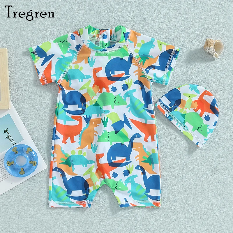 

Tregren 1-6Years Kid Boys Swimsuit With Cap Short Sleeve Cartoon Dinosaur Print Swimwear Summer Swimming Pool Beach Bathing Suit