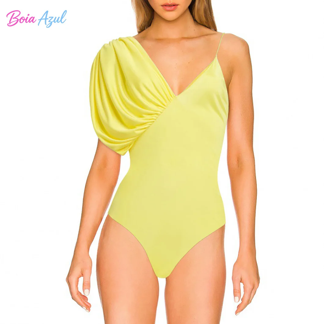 Boia Azul - A yellow one-piece swimsuit with asymmetrical pleated and draping sleeves A simple summer beach resort swimsuit
