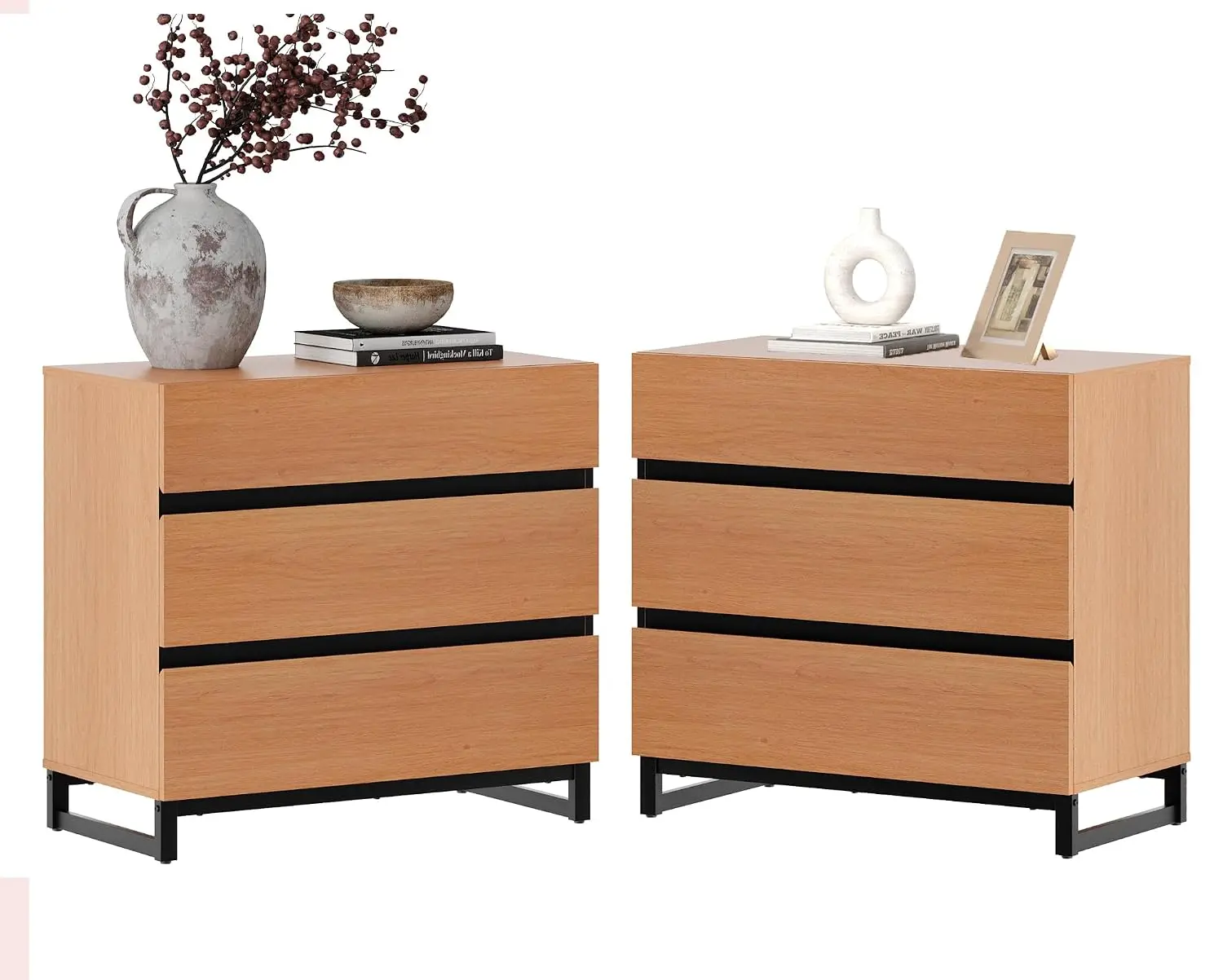 3-Drawer Nightstand Modern Bedside Table Black Metal Leg Wood Rustic Side End Table Mocha 2 Pcs, Customized