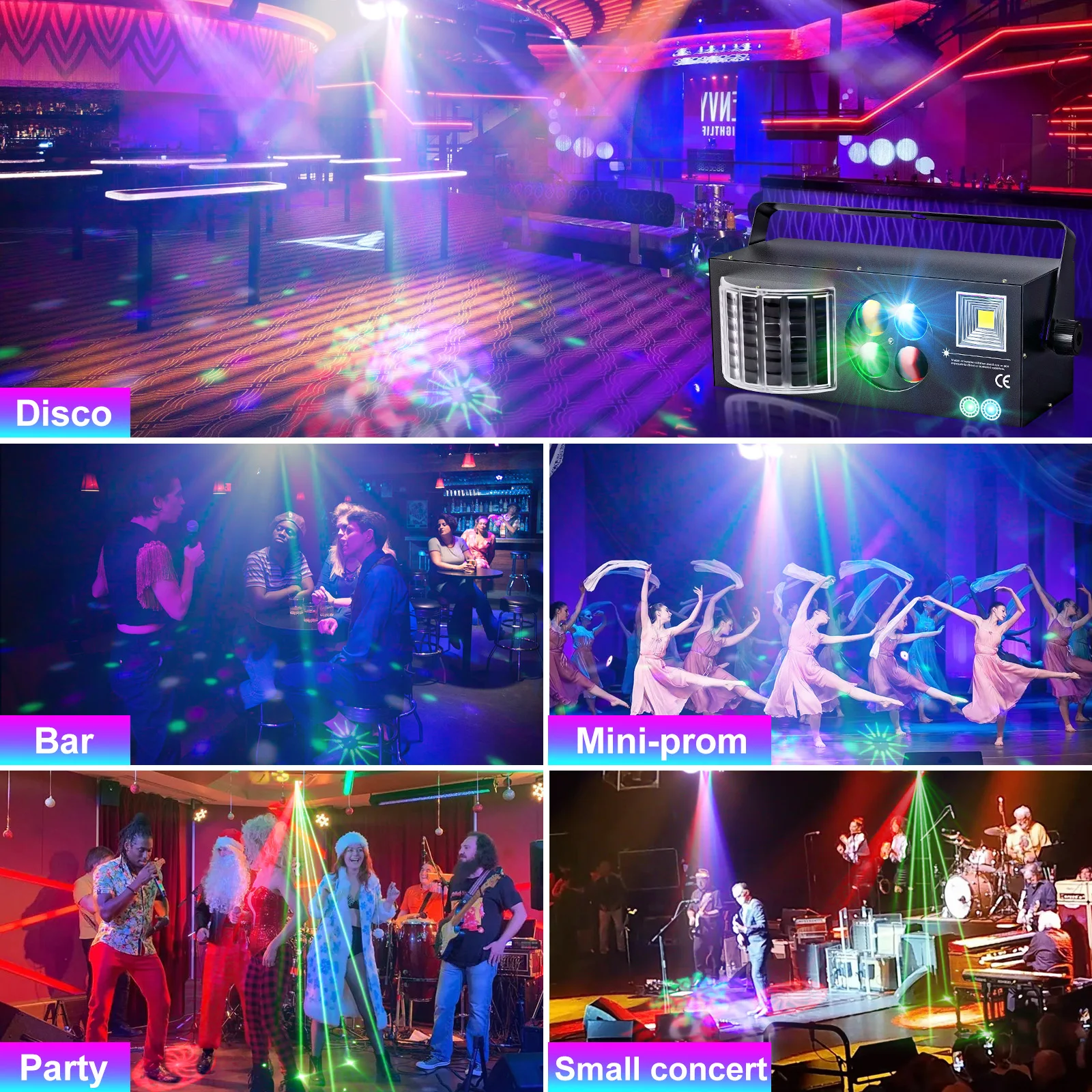 Fieryzeal 60W 4IN1 Stage Effect Lighting RGBW LED Laser Patterns Strobe Butterfly Light DMX Effect for DJ Disco Party Bar KTV