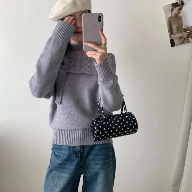 

One Shoulder Long Sleeved Sweater Knitted Sweater Women's Autumn New Korean Soft and Sticky Off Shoulder Pure Style Top