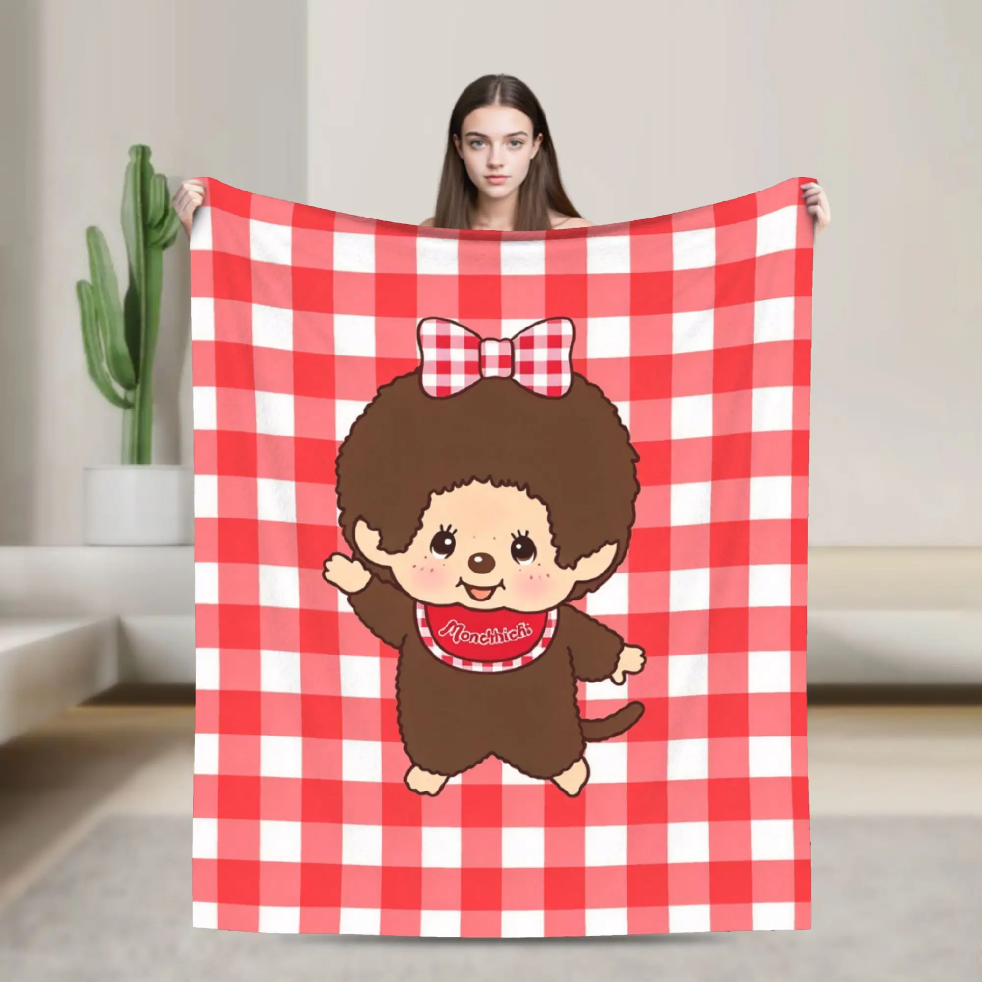 Custom Sofa Fleece M-Monchhichis Throw Blanket Warm Flannel Kawaii Monkey Blankets for Bed Office Couch Quilt