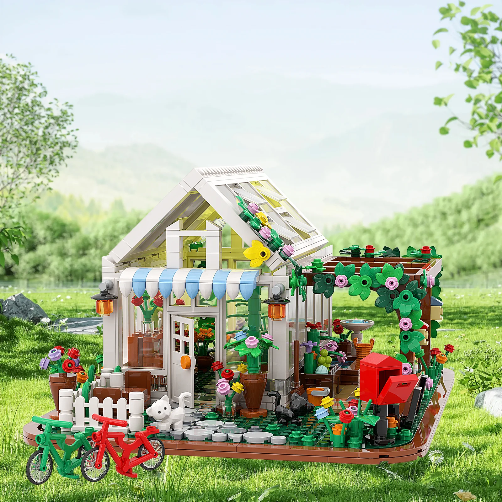 City architecture transparent plastic glass greenhouse white flower house building blocks decorations toys children's gifts.