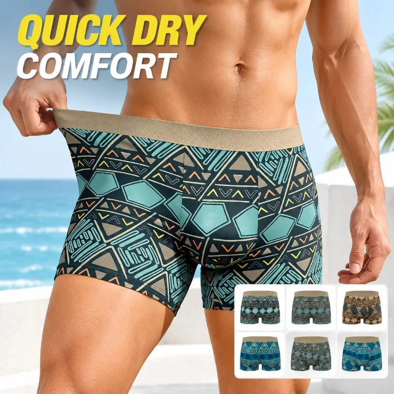 Herren-Boxershorts aus schnelltrocknendem Polyester mit Musterdruck, EU-Größe, leichte, atmungsaktive Unterwäsche für Herren, ideal für den täglichen Sportgebrauch.