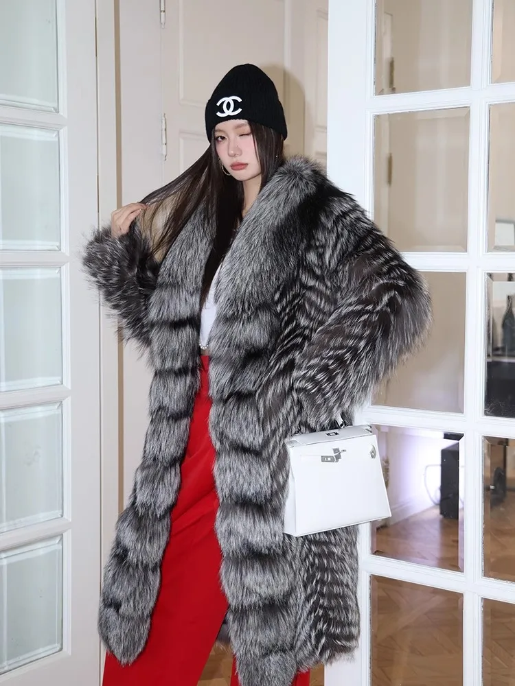 

Whole Leather Silver Fox Fox Fur Coat For Women With Inlay Technology Big Brand Trendy light Luxury Fur Coat X-Long style 120CM