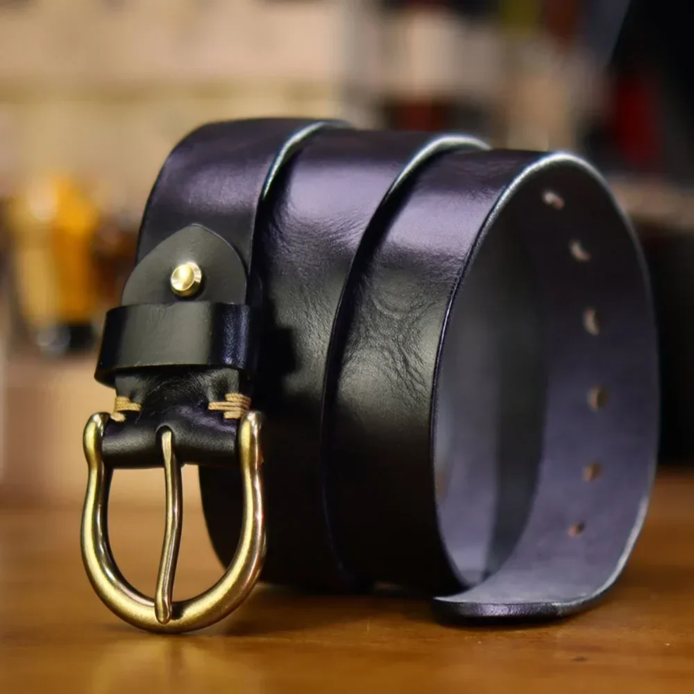 手作りワークウェア真鍮バックルベルト、厚さ4mmの本革牛革と糸縫い、男性用、幅38mm