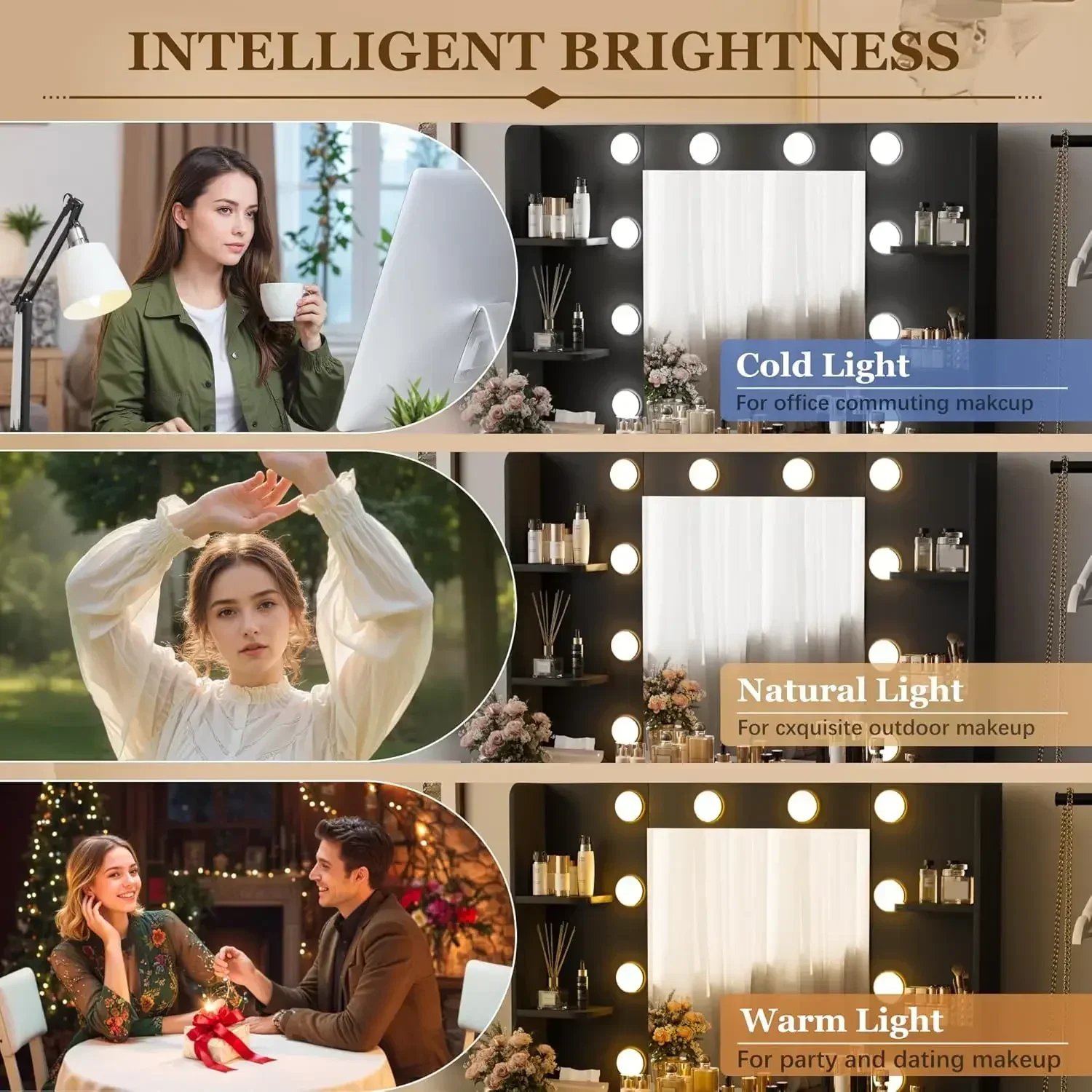 Furmax Make up Vanity Desk with Mirror and Power Outlet, Vanity with 3 Color Light Options Adjustable Brightness,Vanity Desk wit