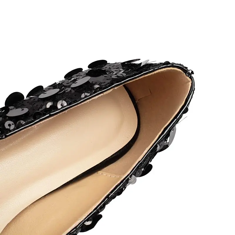 Girseaby design feminino bombas de pele carneiro apontou dedo do pé salto pequeno 4cm deslizamento em lantejoulas tamanho grande 41 42 43 moda sapatos diários macios