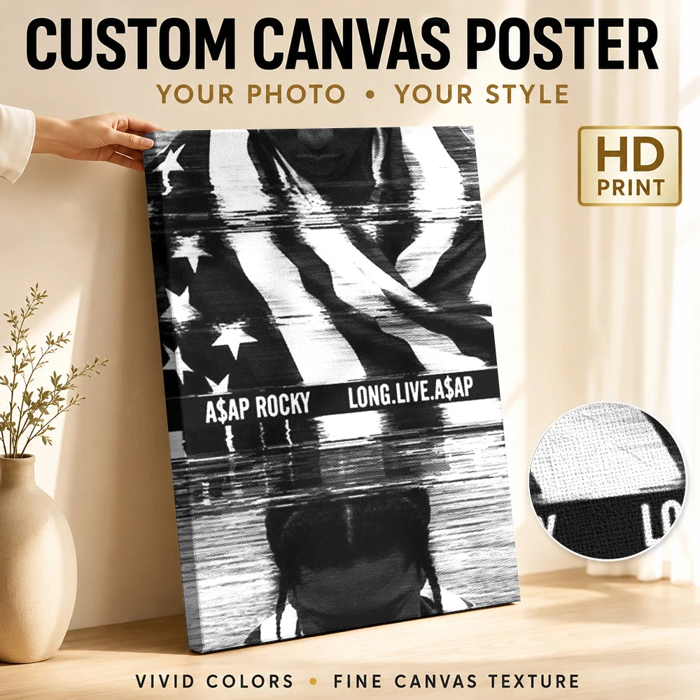 Rapper With Flag Album Portraits Framed Canvas Poster Customized Photo Layered Monochrome Cutouts Wall Art For Recording Studio