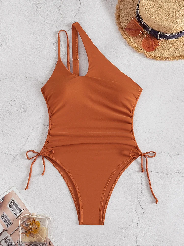 Um pedaço maiô feminino sólido um ombro banho 2024 novo sexy cordão monokini maiô feminino verão praia bodysuit