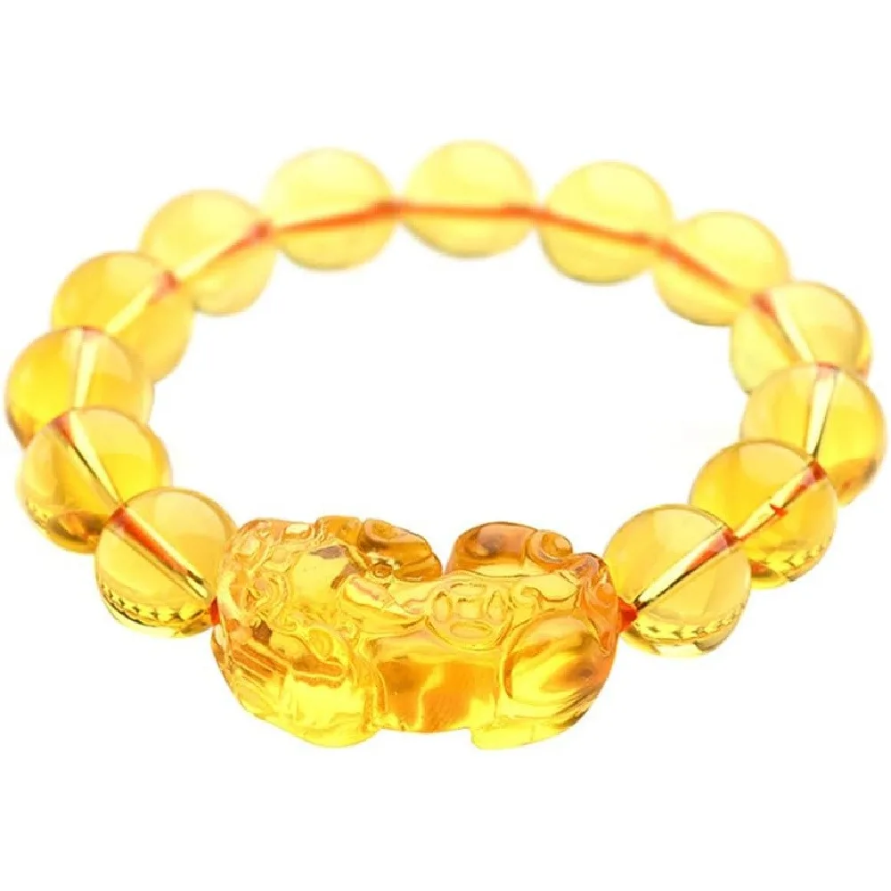 2 Pack Citrine Pixiu Bracelet, Authentic Wealth Attract Crystal Bead Handmade Unisex Jewelry with Gift Box, Affirmation Card, and Stickers for Men and Women
