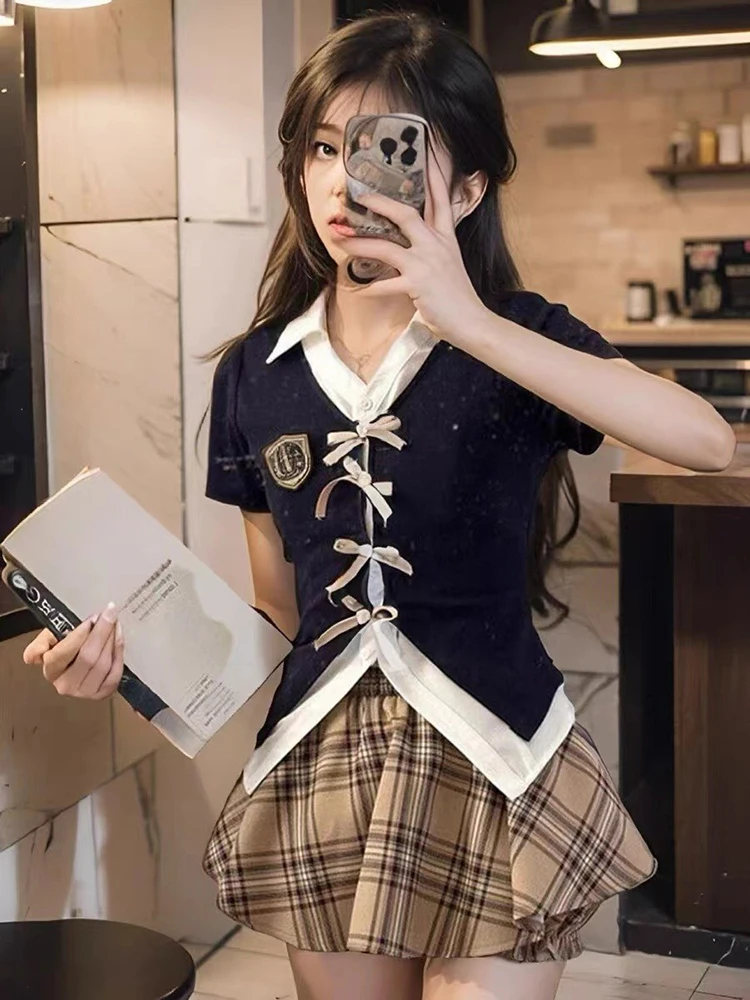 Retro Jk Set da due pezzi Estate Preppy Bow Spalline Top da donna American Hotsweet Vintage Plaid a pieghe Mini Cake Gonne Nuovo