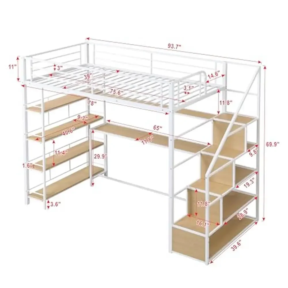 Modern Steel Loft Bed with Stairs Desk & Storage Shelves Twin Size Heavy-Duty Frame with Safety Rail Space-Saving Design Kid's