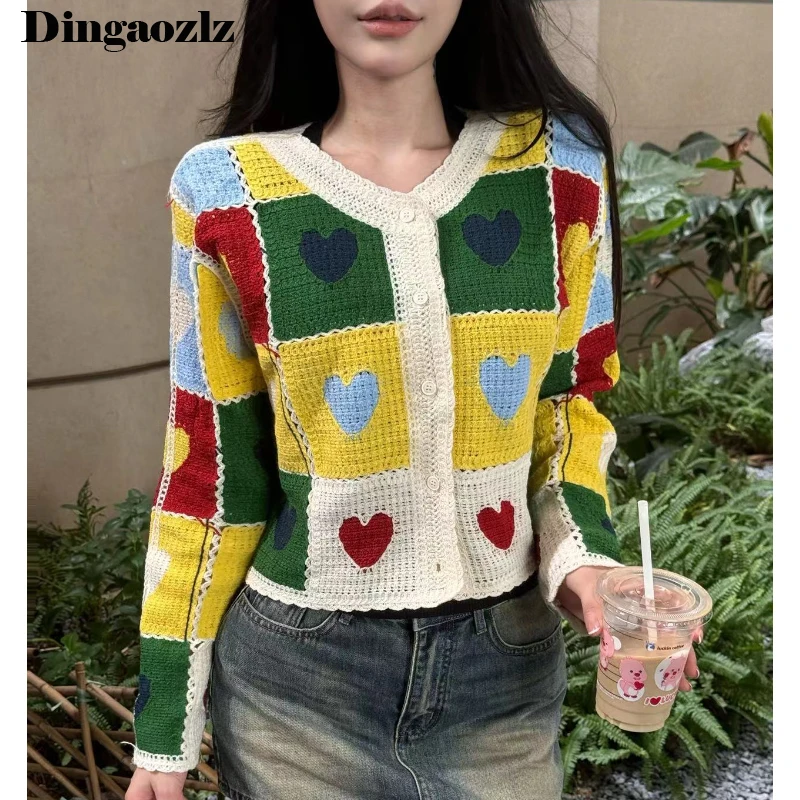 2024 Autumn New Contrast color Cardigan Shirt Retro embroidered Crochet Knitted Blouse Long Sleeve Women Tops