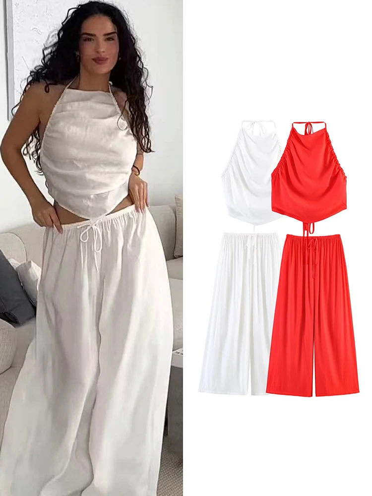 

TFMLN New Women Pant Two Piece Sets Summer Halter Neck Sleeveless Lace Up Top + Wide Leg Pants Set Party Beach Outfit Female