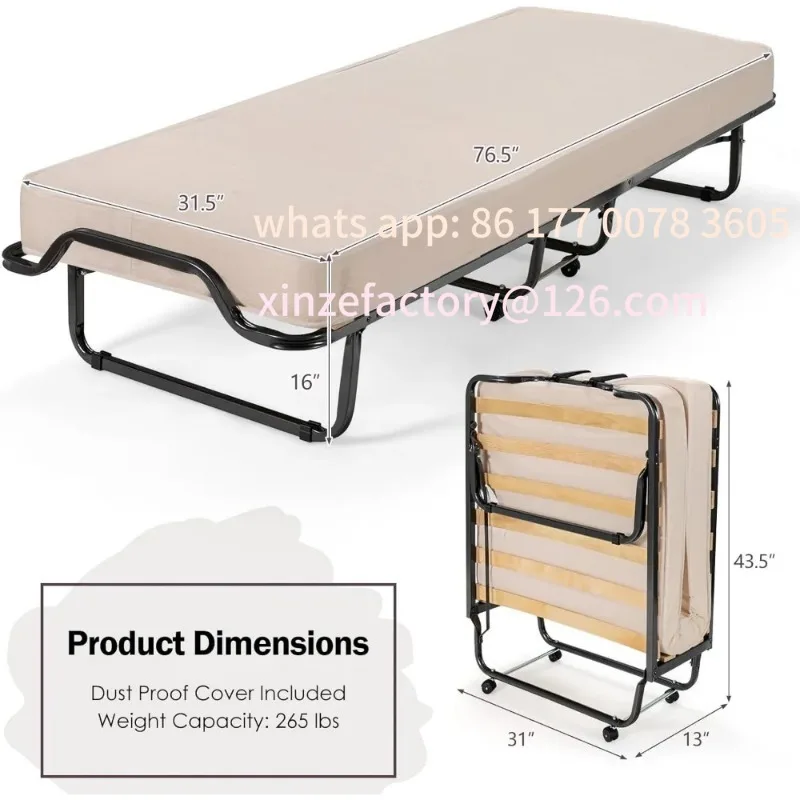 Customizable Folding Bed with Memory Foam Mattress, Small Single Size Guest Bed with Sturdy Metal Frame