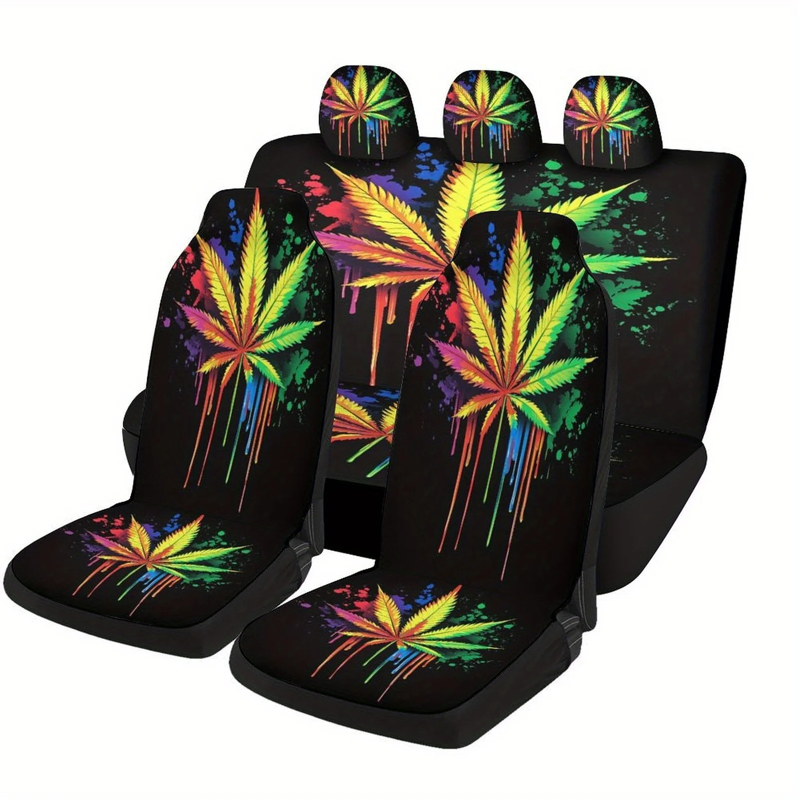 

Rainbow Cannabis Leaf Themed Car Seat Cover Set For Most Cars, Fashion Personalized Novelty Car Seat Protector Covers Full Set,