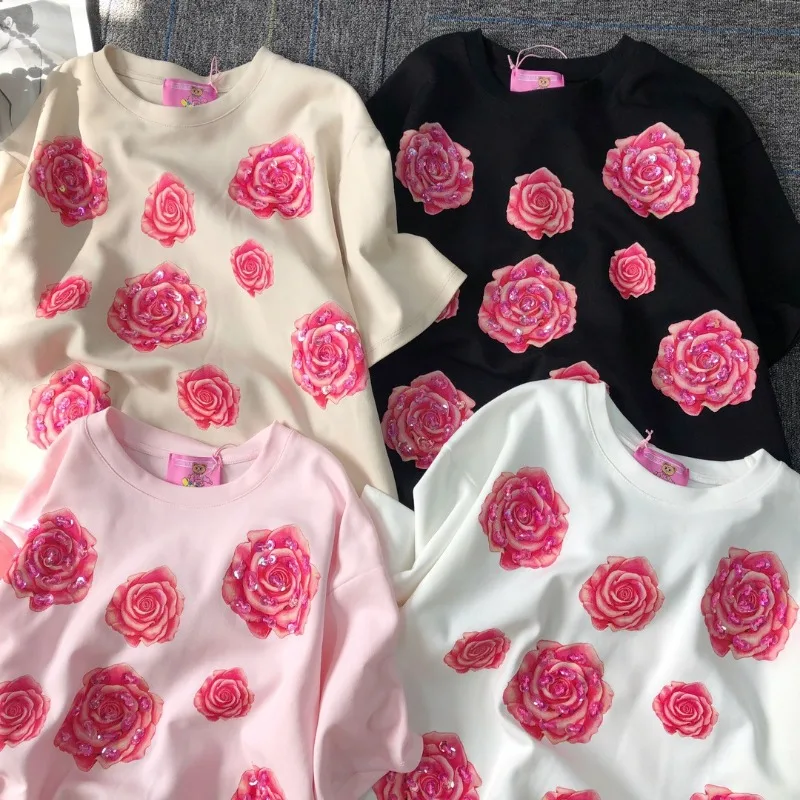 2025 Spring New Korean Style Top Tees Sweet Fashion Handmade Beaded Rose Printed Crew Neck Short Sleeves T-Shirt Y2k Accessories