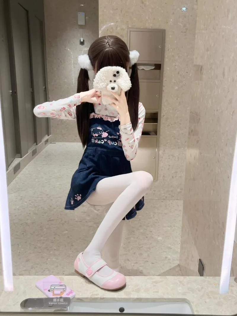 لطيف Kawaii فتاة الحد من العمر بأكمام طويلة الدانتيل المرقعة س الرقبة سليم طباعة أعلى الكتف الأشرطة الخصر Cinching تنورة مجموعات الصيف