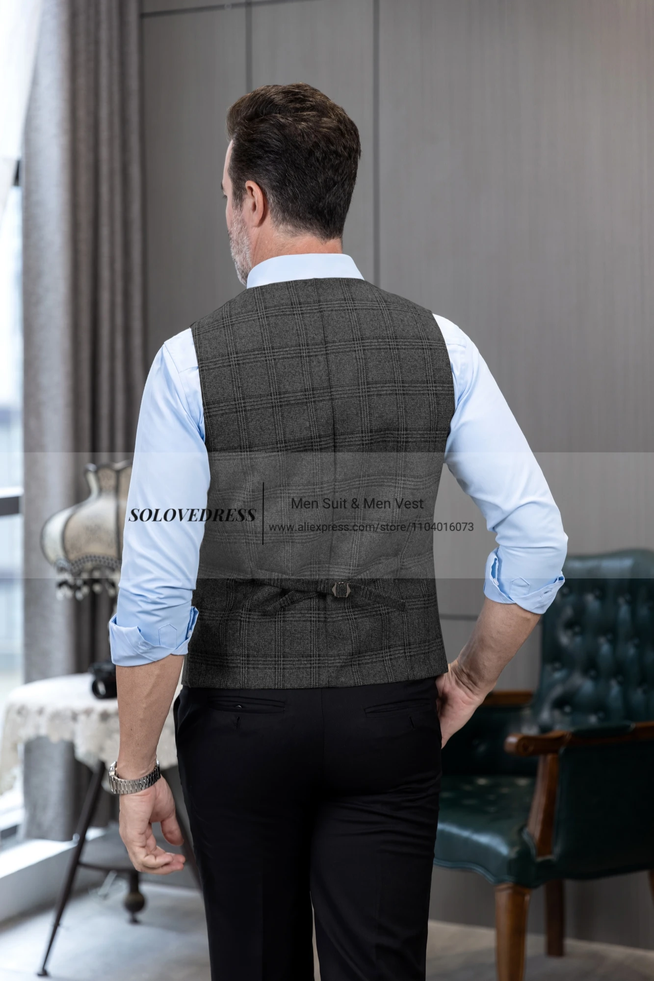 Mens Vintage Business Vest Plaid Classic Coat Tweed Slim Fit Formal Waistcoat for Wedding Groomsmen