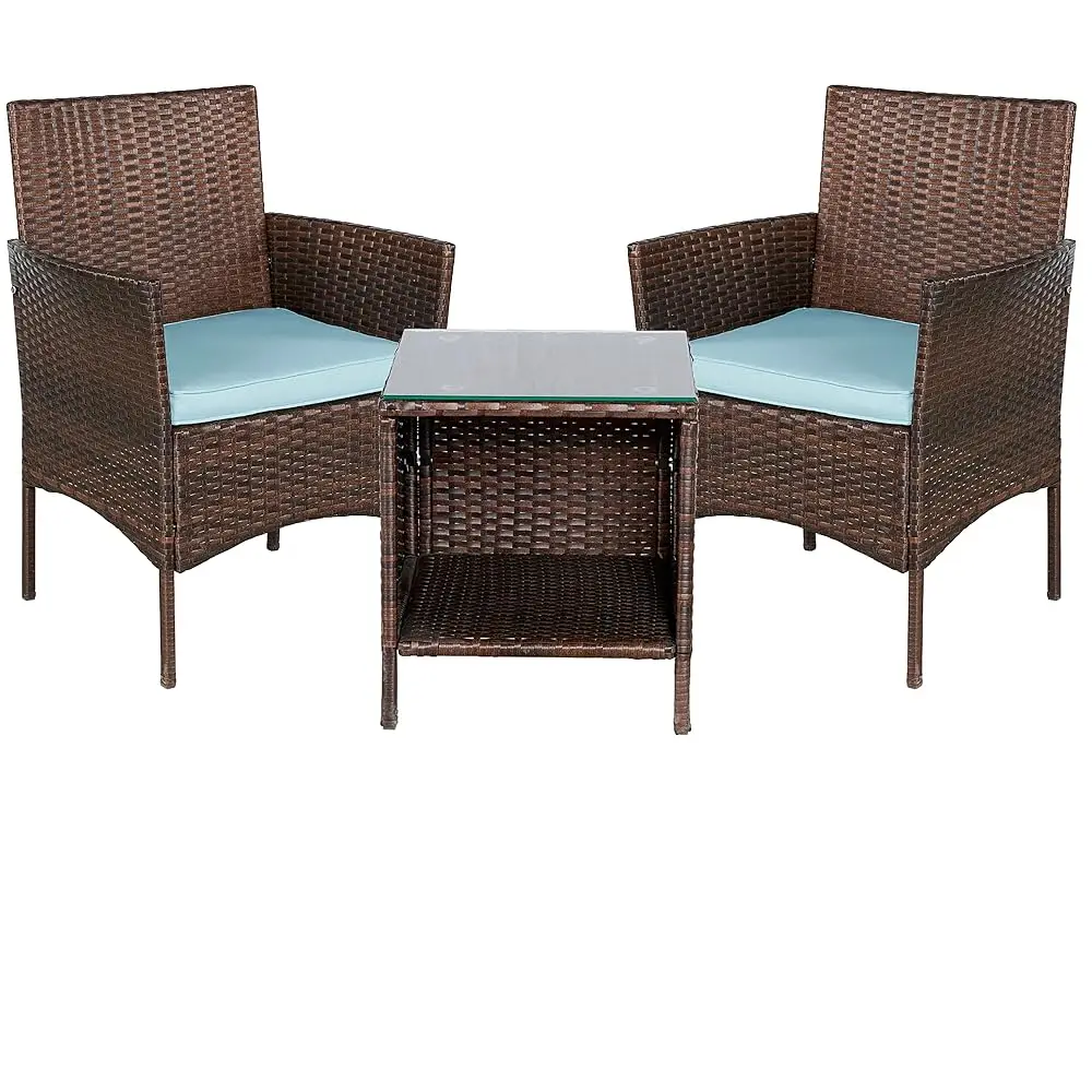 

Outdoor Wicker Patio Conversation 3 Piece Bistro Set Garden Yard Porch Furniture Space Saving Rattan Two Chairs Cushions Side