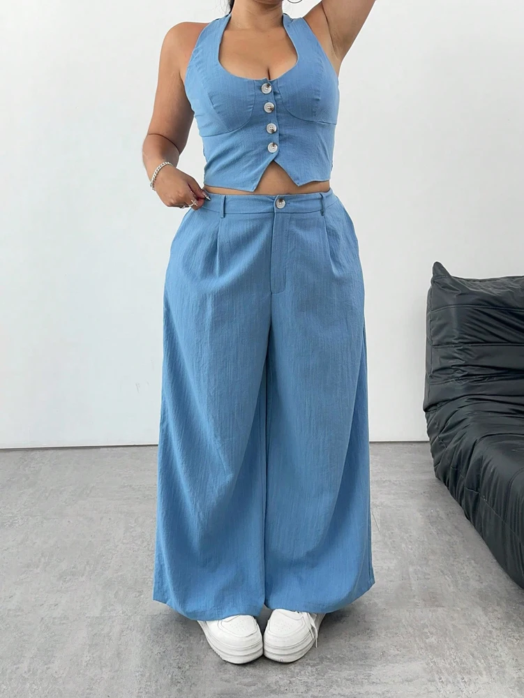 بالإضافة إلى حجم المرأة بروتيل تانك التعادل الرقبة والسراويل المستقيمة عارضة قطعتين مجموعة لون نقي أسلوب بسيط