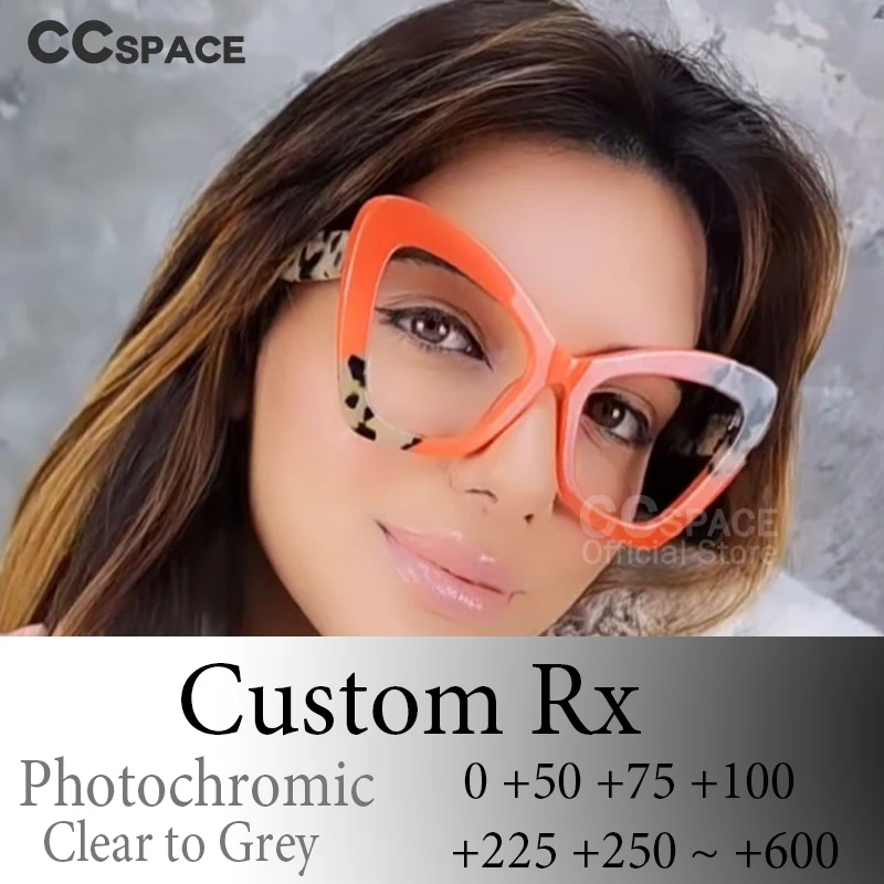 

P55400 Acetate Spectacle Oversized Cat Eye Leopard Prescription Photochromic Reading Glasses Custom to Any Diopter