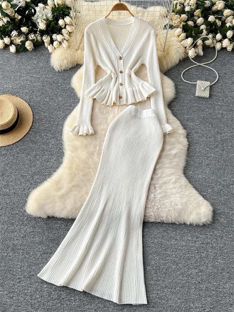 Autumn Korean Gentle Sweater 2 Piece Set Women Solid V-Neck Cardigan + High Waist Long Skirt Female Knitted Slim Elegant Suits