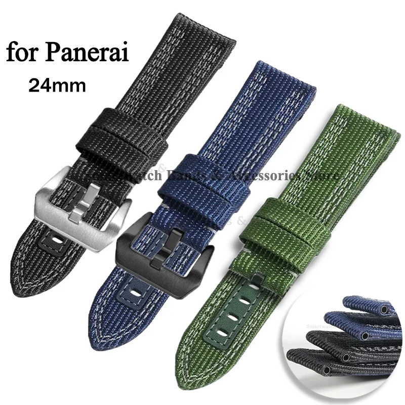 Leather+Nylon Watch Strap 24mm for Panerai PAM 00984/985 PAM1122/753/1312 Replacement Wrist Band Metal Pin Buckle Watch Bracelet