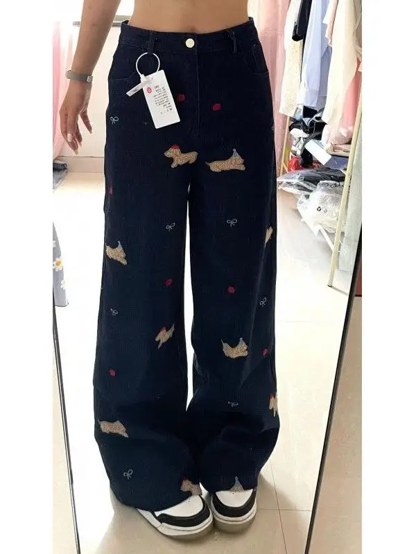 

plus Size Elastic American Wide Leg Denim Jeans Women's Autumn Winter Embroidery Casual High Waist Straight Tube Long Trouser...