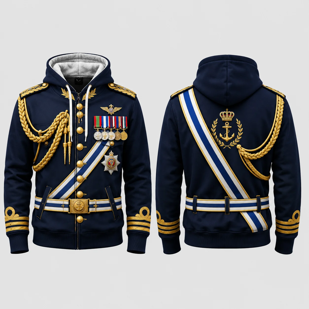 Mens Ceremonial Military Uniform 3D Print Zip Hoodie Polyester Long Sleeve Jacket Cosplay Streetwear Costume Clothing
