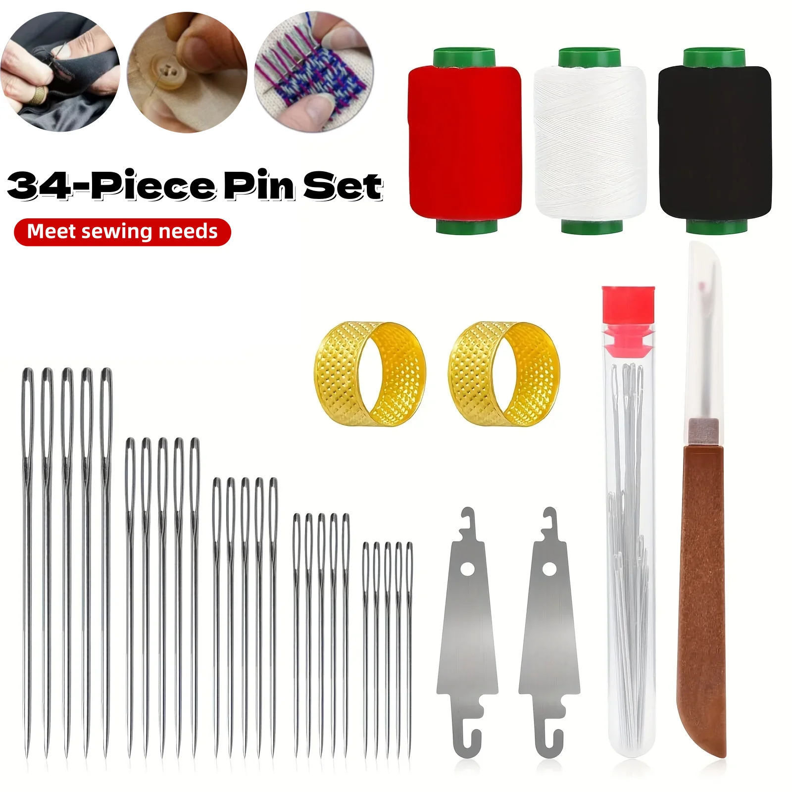 34Pcs Hand Sewing Tool Set Large-Eye Steel Needle with Threaders Diverse Practical Tools Home DIY Clothes Craft Sewing Supplies