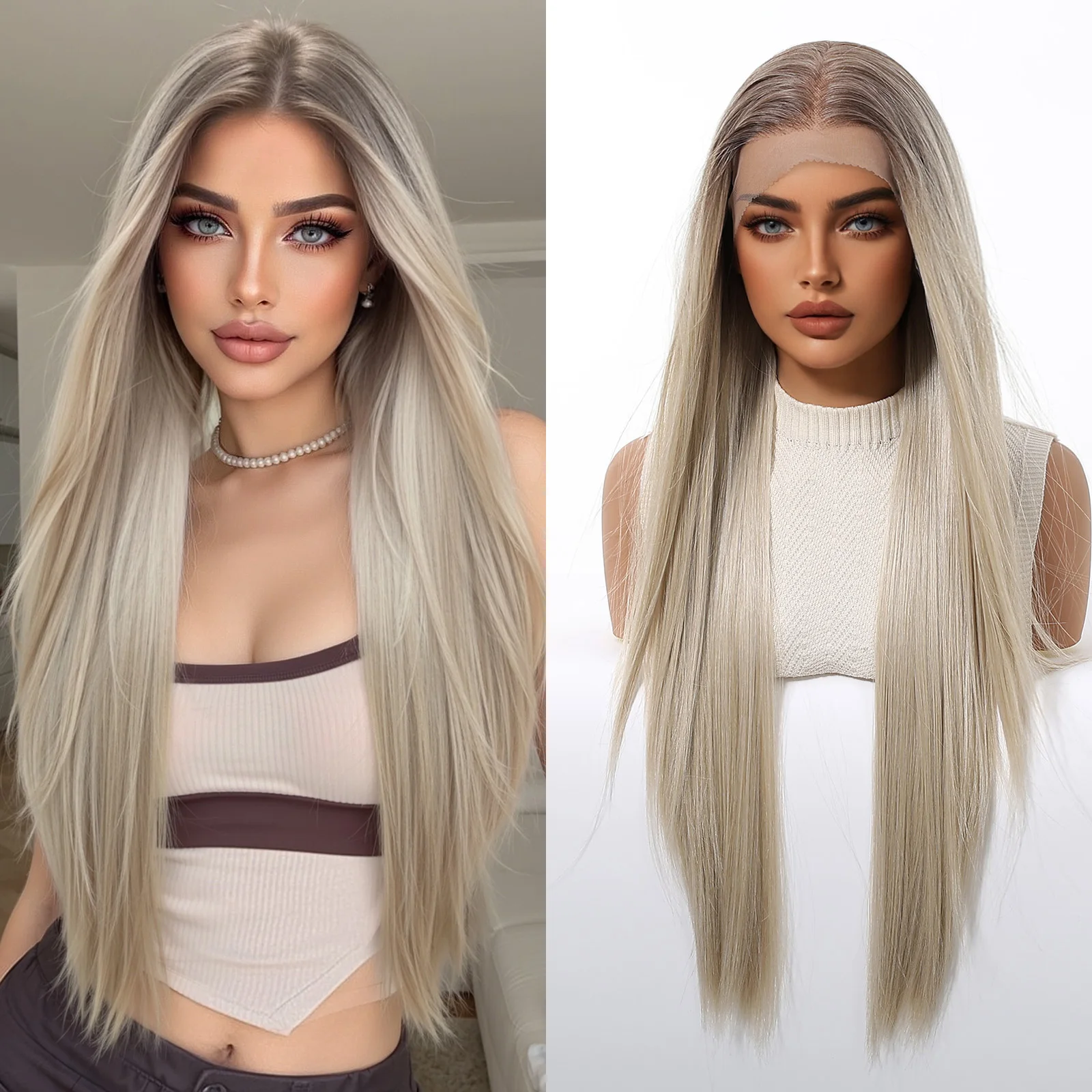 

HAIRCUBE 13*6 Синтетические парики спереди на шнуровке для женщин Длинные прямые шелковистые повседневные парики для вечеринок Светлый парик с темными корнями Термостойкие
