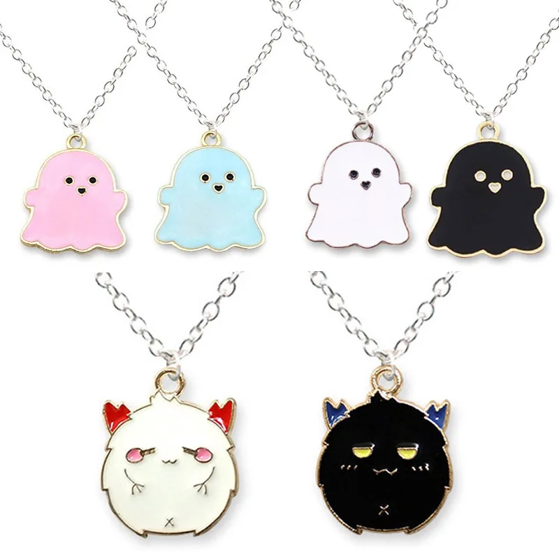 2pc Halloween Cute Ghost Black White Devil Pendant Necklace for Couple Friend Punk Necklace Women Man Fashion Party Jewelry Gift