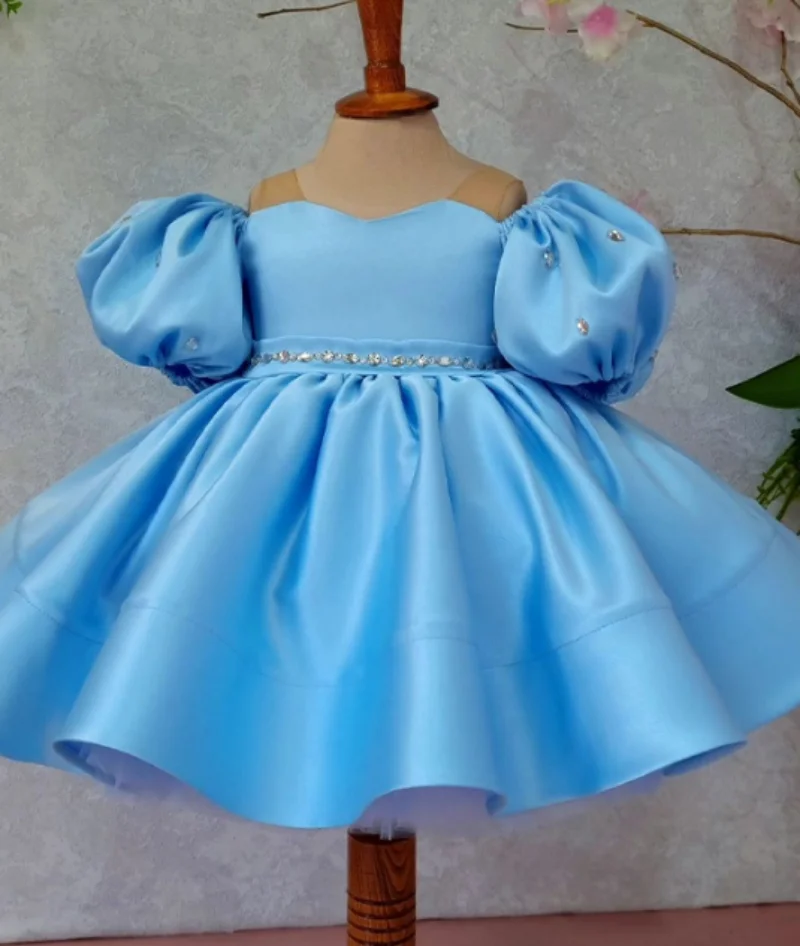 

Blue Satin Fashion Girls Birthday Party Dress Wedding Flower Girls Dress Evening Gowns with Bow Beaded Tutu Outfit