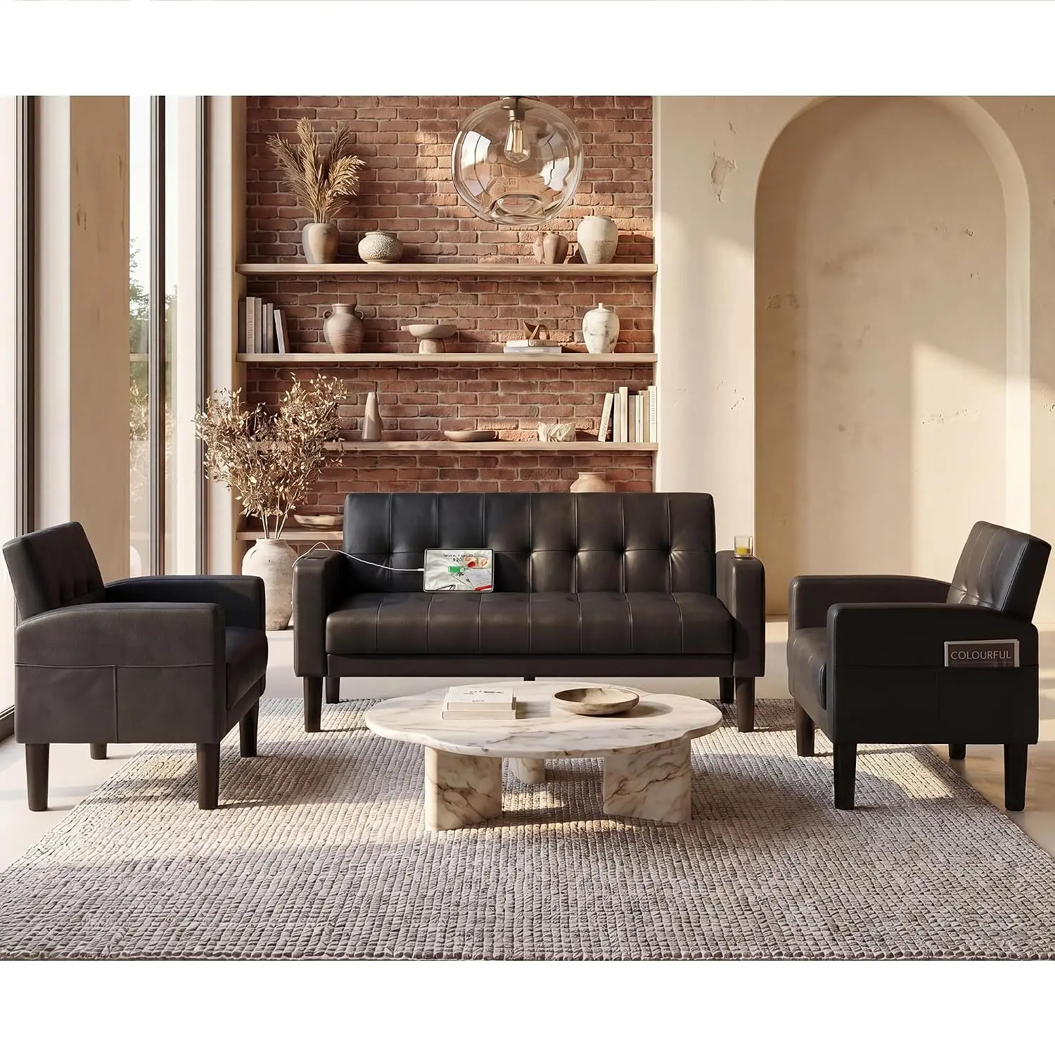 PU Leather Living Room Sofa & Chair w/USB & Type-C Ports, Customized