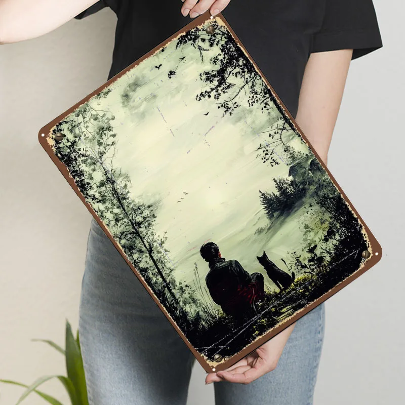 العزلة العتيقة – رجل وكلب في علامات معدنية طبيعية هادئة ملصق عتيق ديكورات المنزل ملحقات بار القهوة ديكور الحائط #3