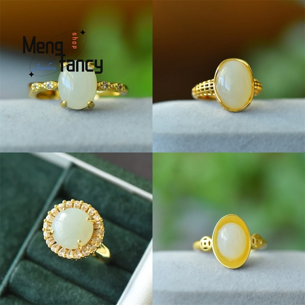 

Copper Inlay Natural Hetian White Jade Pigeon Egg Heart-shaped Ring Couple Fashion Charm Jewelry Sexy Young Girls Holiday Gifts