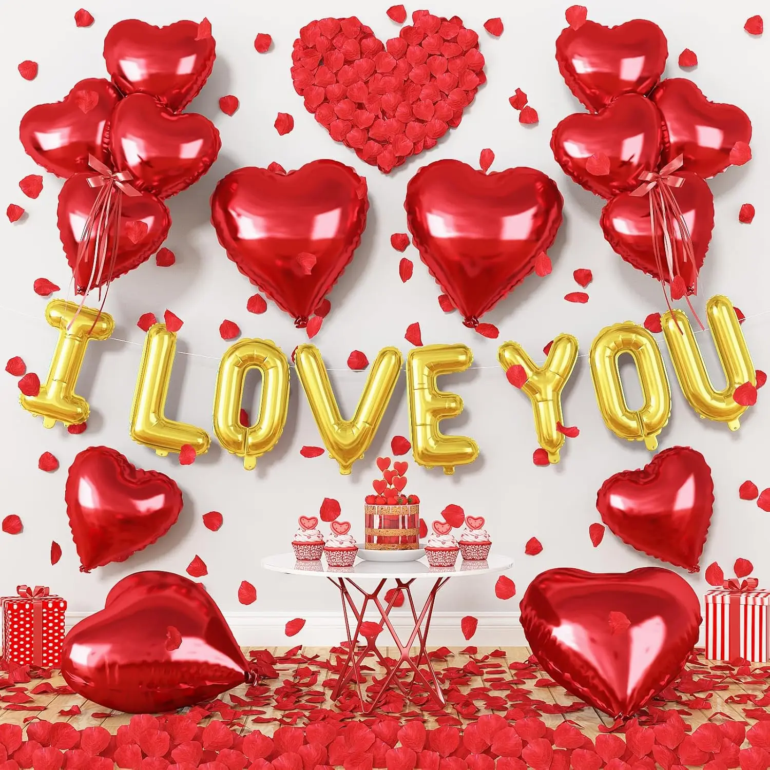 Folienballon „I Love You/Red Heart Love“, 1000 Stück Rosenblätter für Hochzeit, Jahrestag, Valentinstag, romantische besondere Nachtparty – Detail 18